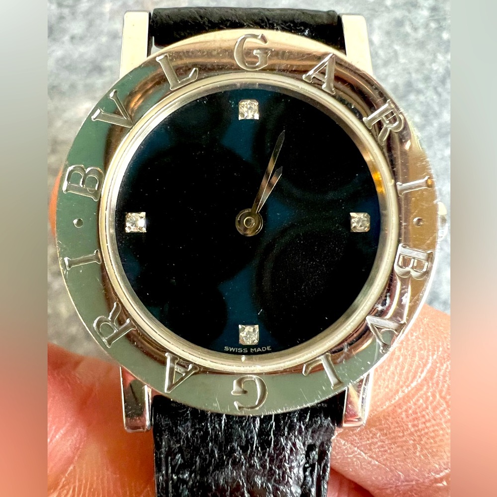 Bvlgari Diamond Black Face Stainless Steel & Black Leather Women's Watch BB26SL - Picture 1 of 13